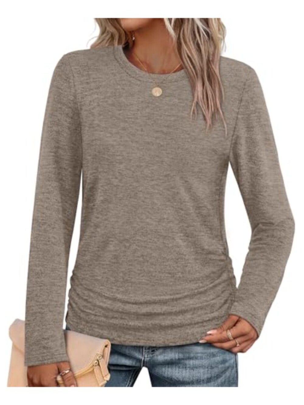 Sampeel Ruched Long Sleeve Tunic Sweater Crew Neck Pullover Blouse